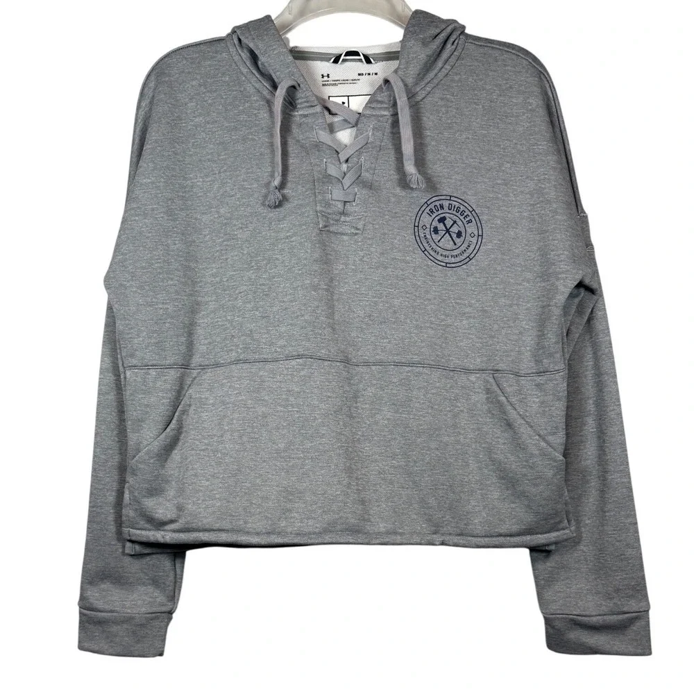 Under Armour Womens Iron Digger Lace Up Hoodie Grey Loose Fit Cropped Medium